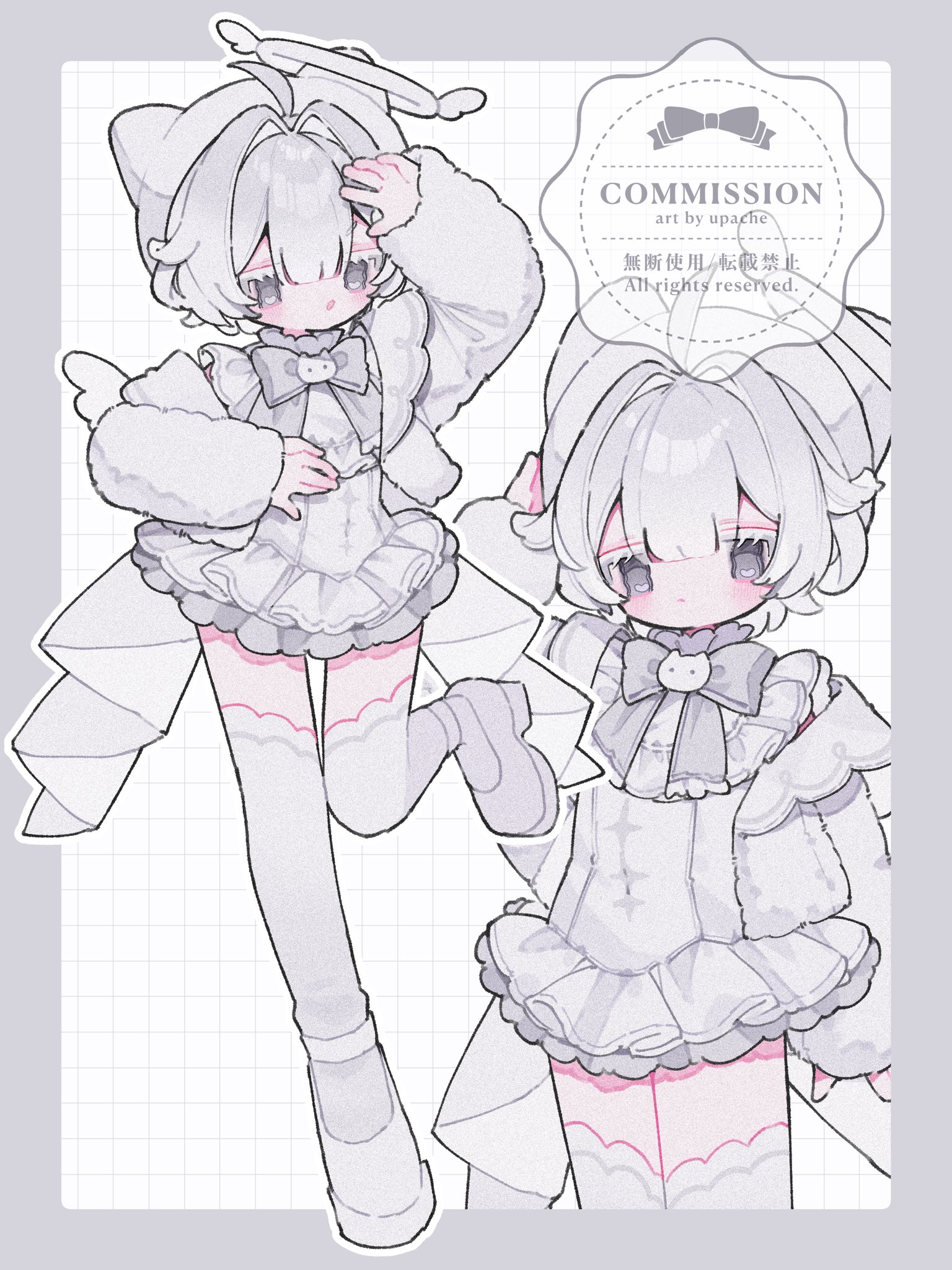 upa papa co, original, commentary, commission, highres, symbol-only commentary, 1girl, :o, arm up, artist name, blunt bangs, blush, border, bow, bowtie, closed mouth, double-parted bangs, dress, full body, grey border, grey bow, grey bowtie, grey eyes, grey hair, grid background, hair between eyes, halo, hat, long sleeves, multiple views, open mouth, outline, outside border, shoes, short dress, short hair, standing, standing on one leg, watermark, white background, white dress, white halo, white hat, white outline, white shoes