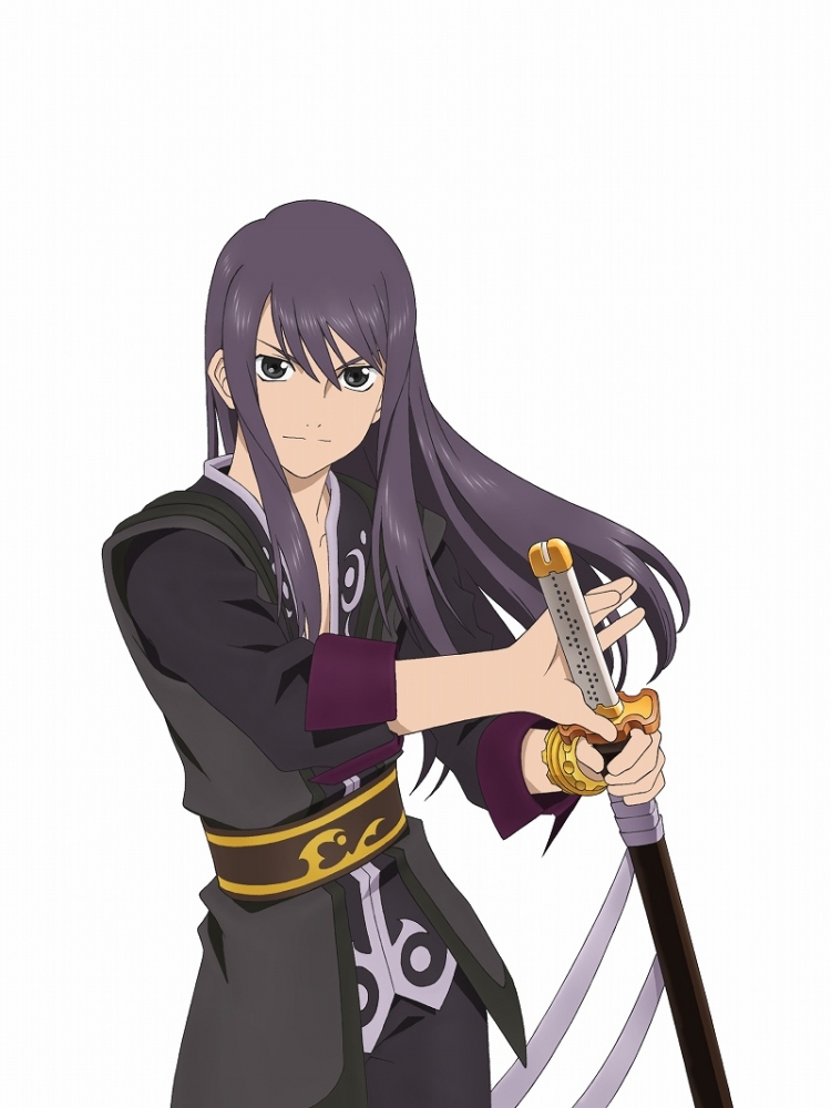 yuri lowell, tales of (series), tales of vesperia, official art, 00s, 1boy, black eyes, black hair, bracelet, fighting stance, jewelry, long hair, male focus, ready to draw, sheath, sheathed, solo, sword, weapon