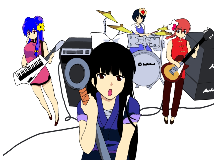 gel-man, kuonji ukyou, ranma-chan, saotome ranma, shampoo (ranma 1/2), tendou akane, don't say "lazy", k-on!, ranma 1/2, bad id, bad pixiv id, 4girls, black hair, blue hair, braid, china dress, chinese clothes, dress, drum, drum set, electric guitar, genderswap, genderswap (mtf), guitar, instrument, keytar, long hair, multiple girls, no socks, parody, red hair, short hair, single braid, spatula