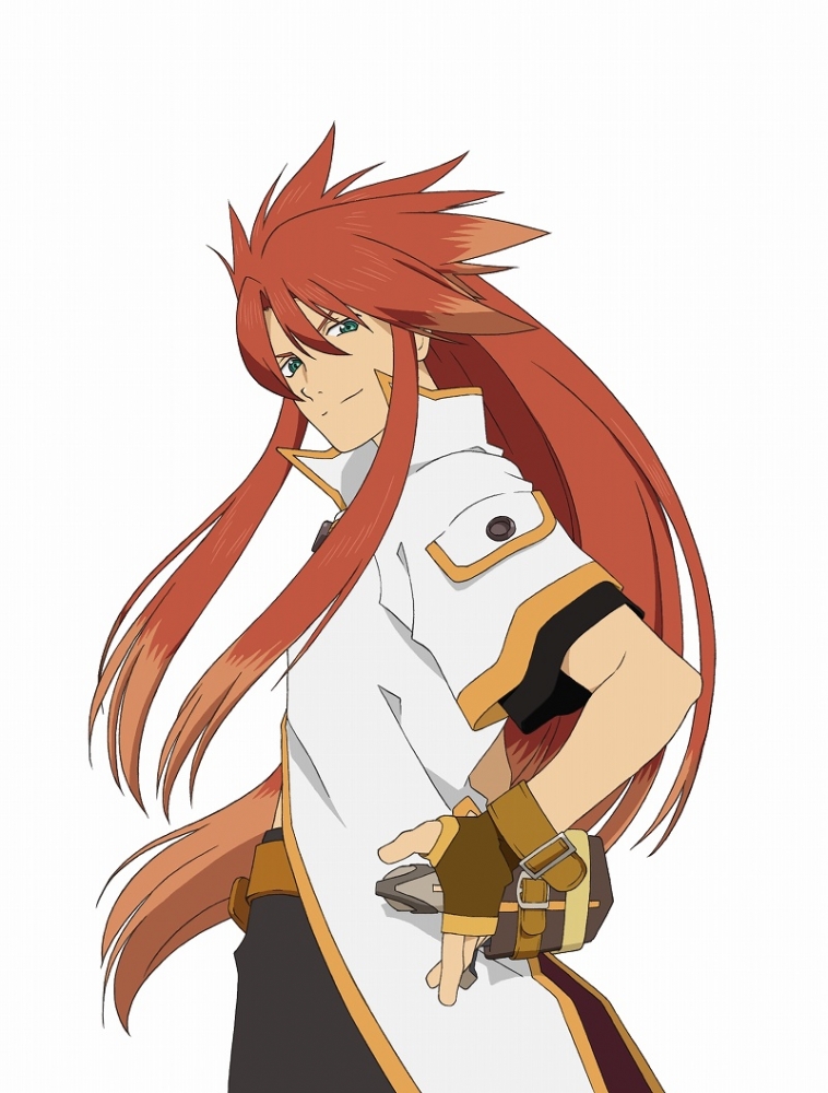 luke fon fabre, tales of (series), tales of the abyss, official art, 00s, 1boy, fingerless gloves, gloves, green eyes, long hair, looking at viewer, male focus, red hair, simple background, smile, solo, sword, weapon, white background