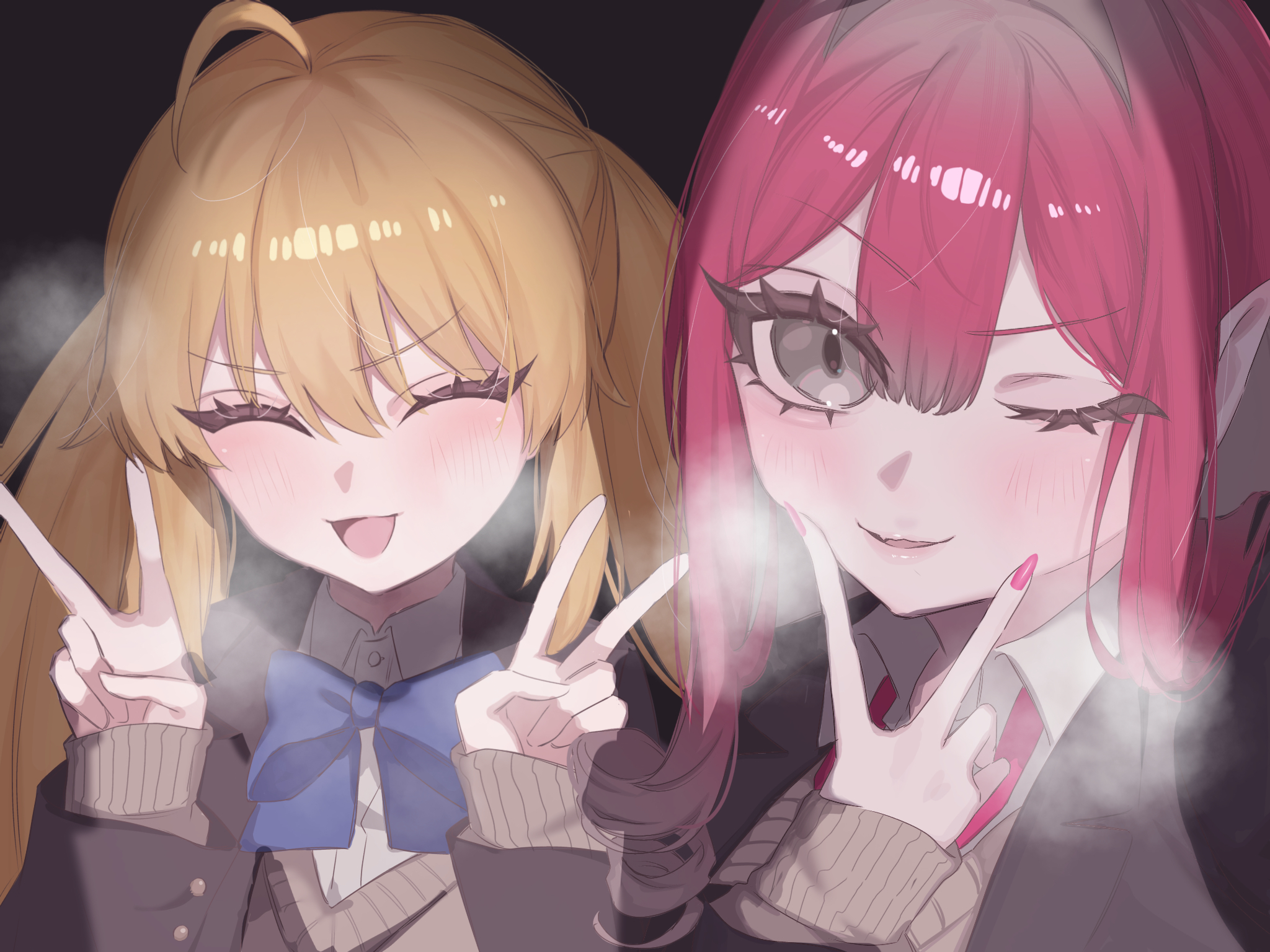 590kogure590, artoria caster (fate), artoria pendragon (fate), baobhan sith (fate), fate/grand order, fate (series), highres, 2girls, ahoge, black jacket, blonde hair, blush, bow, bowtie, breasts, brown sweater, closed eyes, collared shirt, grey eyes, jacket, long hair, long sleeves, looking at viewer, medium breasts, multiple girls, one eye closed, open mouth, pink hair, pointy ears, school uniform, shirt, sidelocks, small breasts, smile, sweater, twintails, white shirt