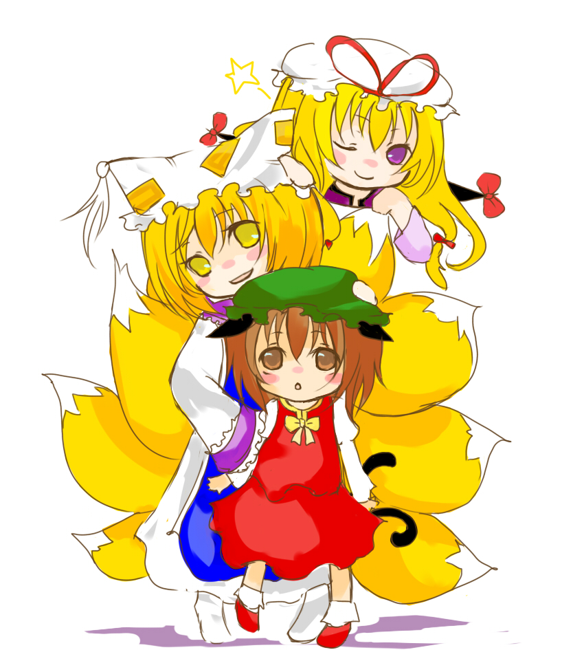 souka (souspirit), chen, yakumo ran, yakumo yukari, touhou, bad id, bad pixiv id, 3girls, animal ears, animal hat, blonde hair, brown eyes, brown hair, cat ears, cat girl, cat tail, female focus, fox tail, gap (touhou), hat, long hair, long sleeves, mob cap, multiple girls, multiple tails, one eye closed, purple eyes, shoes, short hair, socks, tail, tassel, white background, wide sleeves, wink, yellow eyes
