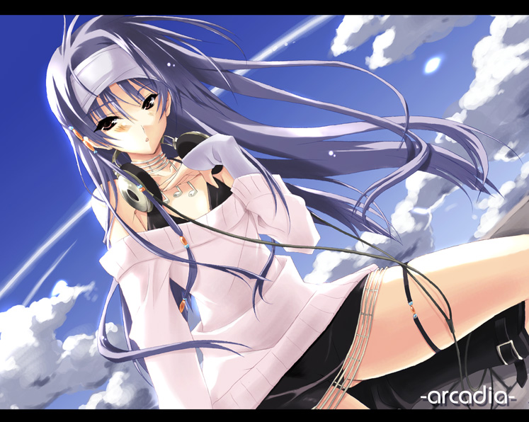 sakura2nd, sakura nitouhei, kisaragi chihaya, idolmaster, idolmaster (classic), idolmaster 1, 00s, 1girl, bare shoulders, blue hair, boots, brown eyes, day, female focus, hair ornament, headband, headphones, headphones around neck, letterboxed, long hair, miniskirt, outdoors, skirt, sky, solo, sweater
