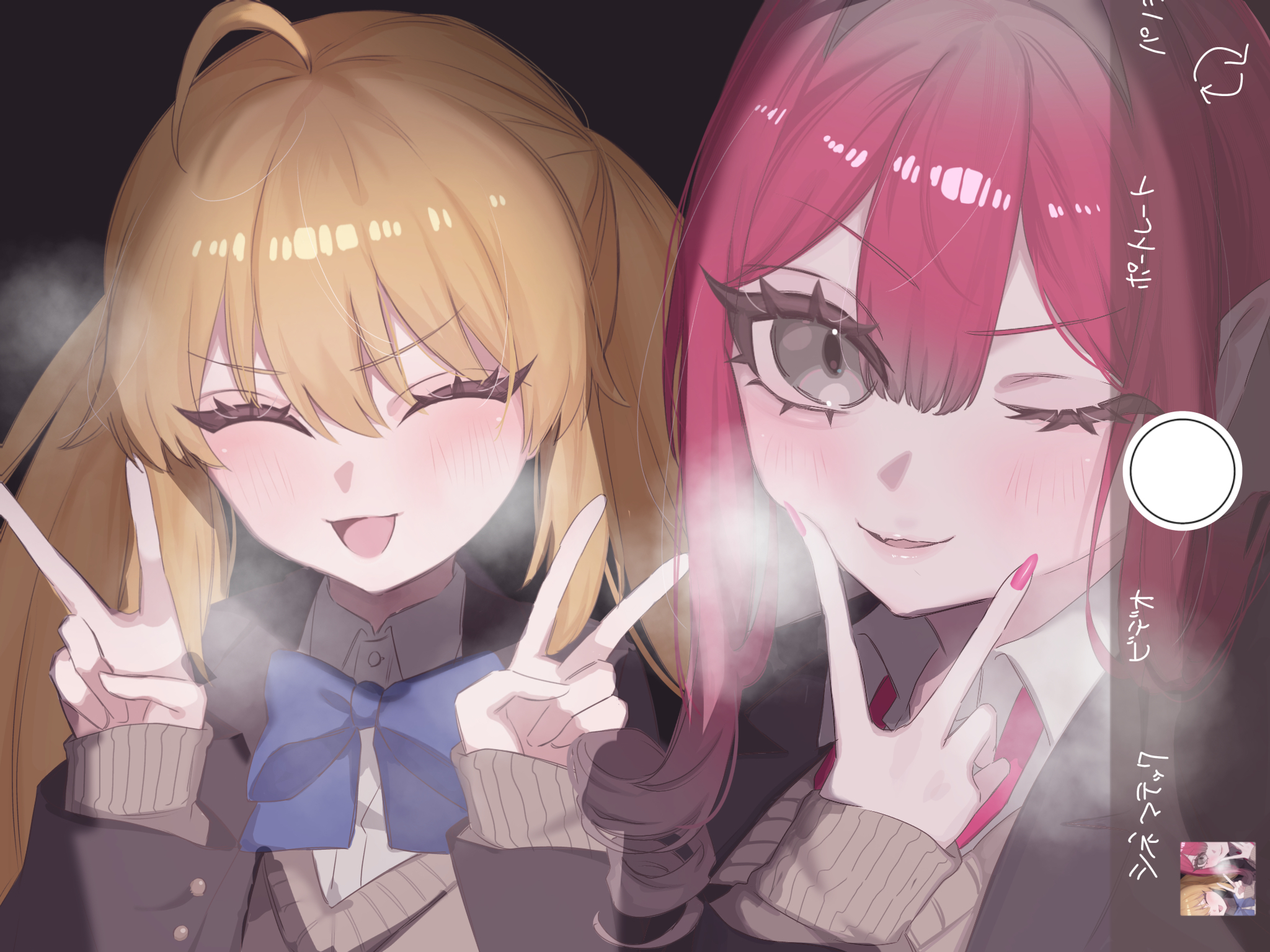 590kogure590, artoria caster (fate), artoria pendragon (fate), baobhan sith (fate), fate/grand order, fate (series), highres, translation request, 2girls, ahoge, black jacket, blonde hair, blush, bow, bowtie, breasts, brown sweater, cellphone photo, closed eyes, collared shirt, grey eyes, jacket, long hair, long sleeves, looking at viewer, medium breasts, multiple girls, nail polish, one eye closed, open mouth, pink hair, pointy ears, school uniform, selfie, shirt, sidelocks, small breasts, smile, sweater, twintails, viewfinder, white shirt
