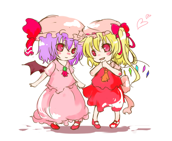 souka (souspirit), flandre scarlet, remilia scarlet, touhou, bad id, bad pixiv id, 2girls, bat wings, blonde hair, blue hair, female focus, hat, multiple girls, ponytail, red eyes, short hair, siblings, side ponytail, sisters, wings