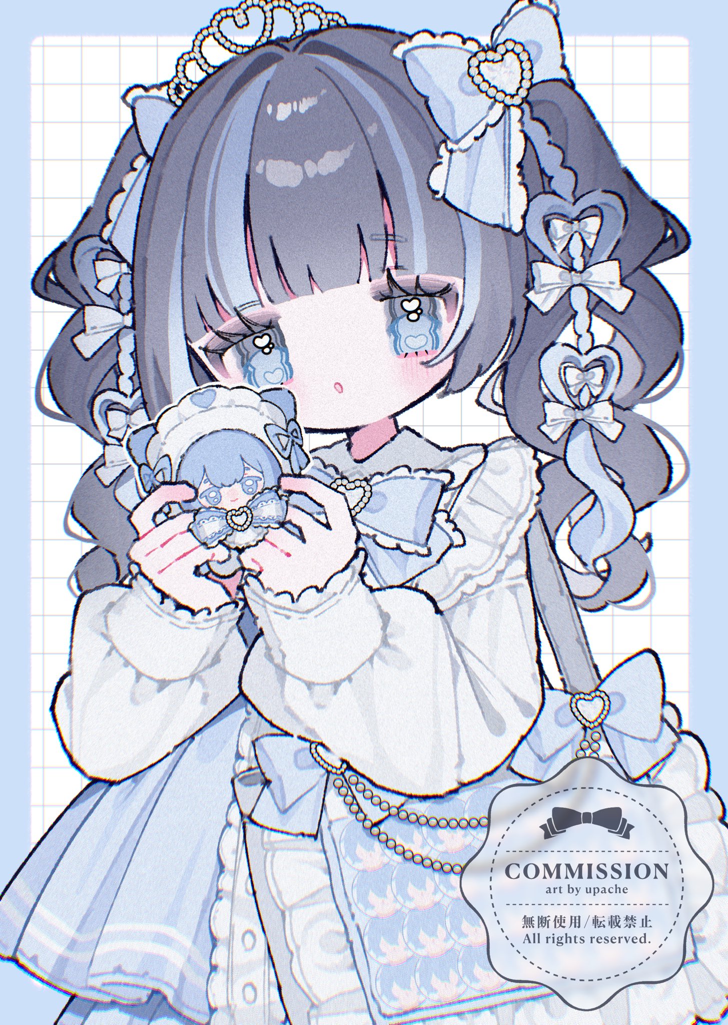upa papa co, original, commentary, commission, highres, symbol-only commentary, 1girl, :o, artist name, black hair, blue border, blue bow, blue bowtie, blue eyes, blue hair, blue skirt, blunt bangs, blush, border, bow, bowtie, collared shirt, cowboy shot, frilled bowtie, frilled shirt collar, frills, grid background, hair bow, long sleeves, multicolored hair, open mouth, outside border, shirt, skirt, solo, streaked hair, twintails, two-tone hair, watermark, white background, white shirt