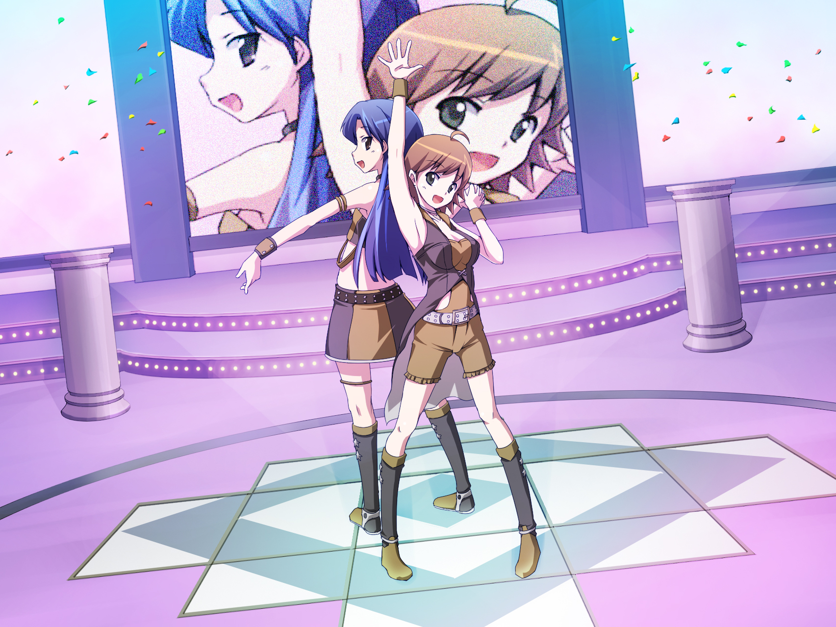 bon (moegomi), moegomi, awakened miki, hoshii miki, kisaragi chihaya, idolmaster, idolmaster (classic), idolmaster 1, highres, 00s, ahoge, armband, belt, blue hair, boots, brown eyes, brown hair, cool & sexy (idolmaster), green eyes, holding hands, laughing, long hair, miniskirt, short hair, shorts, skirt, smile, standing, tank top, wristband