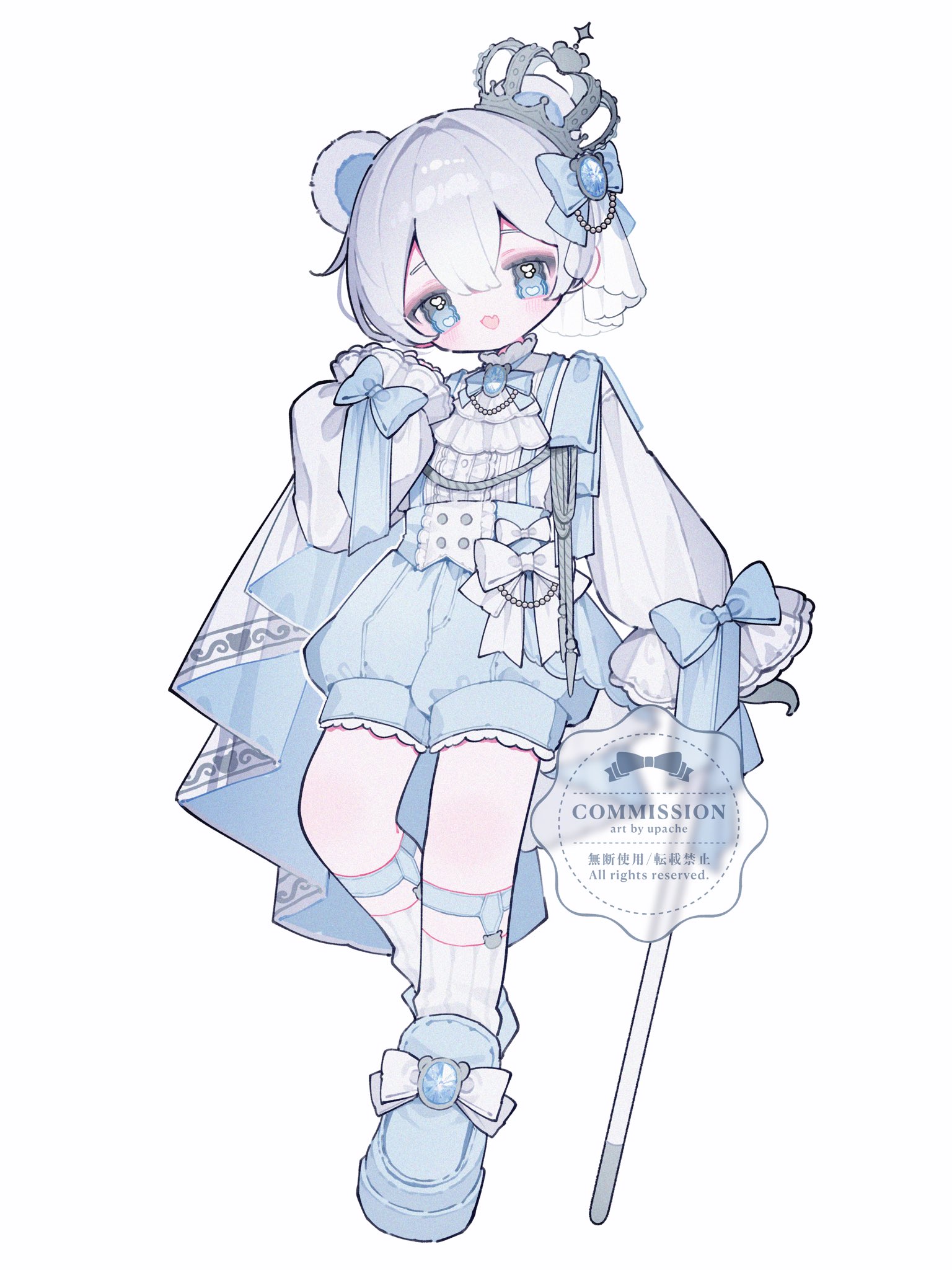 upa papa co, original, commentary, commission, highres, symbol-only commentary, 1girl, :d, animal ears, artist name, bear ears, bear girl, blue bow, blue eyes, blue shoes, blue shorts, blush, bow, crown, double-parted bangs, full body, grey hair, hair between eyes, hair bow, hand up, long sleeves, looking at viewer, open mouth, shirt, shoes, short hair, shorts, simple background, sleeve bow, smile, socks, solo, standing, standing on one leg, watermark, white background, white shirt, white socks