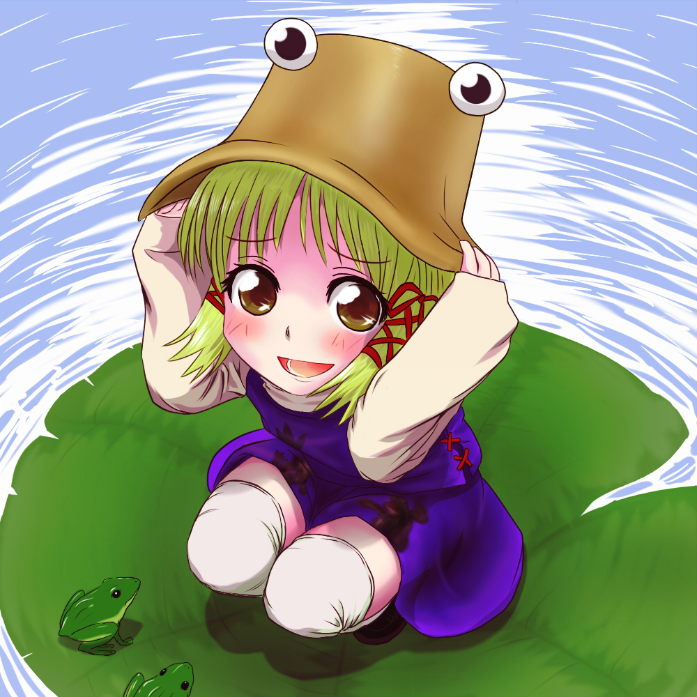 ishikkoro, moriya suwako, touhou, 1girl, blonde hair, blush, cowering, female focus, frog, full body, hand on headwear, hat, lily pad, looking at viewer, plant, short hair, skirt, solo, squatting, thighhighs, yellow eyes