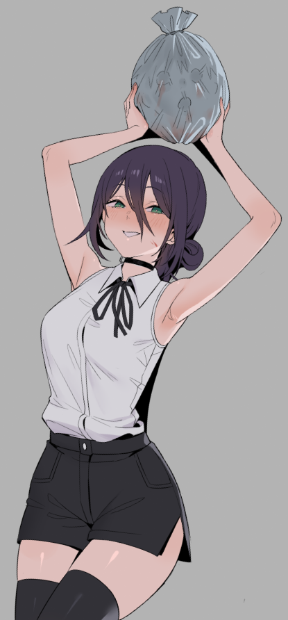 bygin, reze (chainsaw man), chainsaw man, 1girl, armpits, arms up, bag, black choker, black hair, black ribbon, black skirt, black thighhighs, breasts, choker, collared shirt, green eyes, grey background, hair between eyes, hair bun, holding, holding bag, looking at viewer, neck ribbon, pencil skirt, ribbon, shirt, simple background, skirt, sleeveless, sleeveless shirt, smile, solo, standing, thighhighs, thighs, trash bag, white shirt