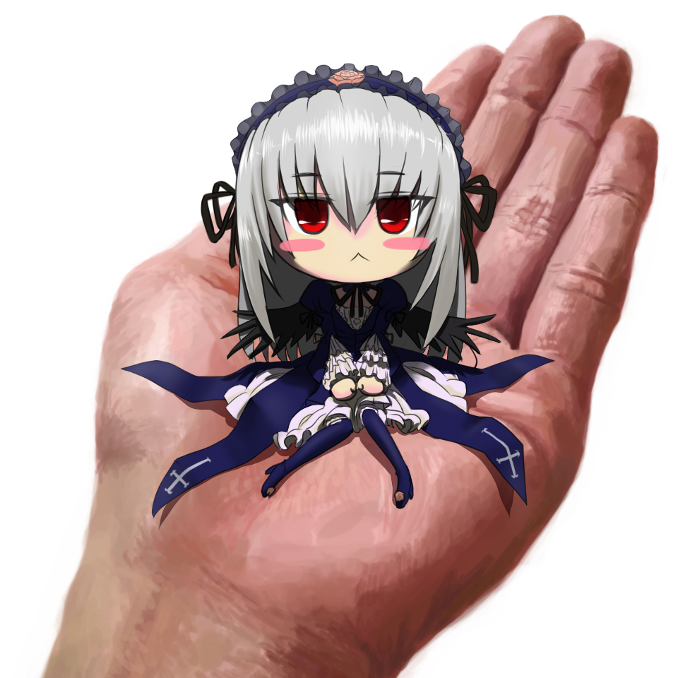 ishikkoro, suigintou, rozen maiden, silver hair, 00s, :<, black wings, blush stickers, chibi, dress, frills, hairband, in palm, long hair, mini person, minigirl, red eyes, solo focus, wings