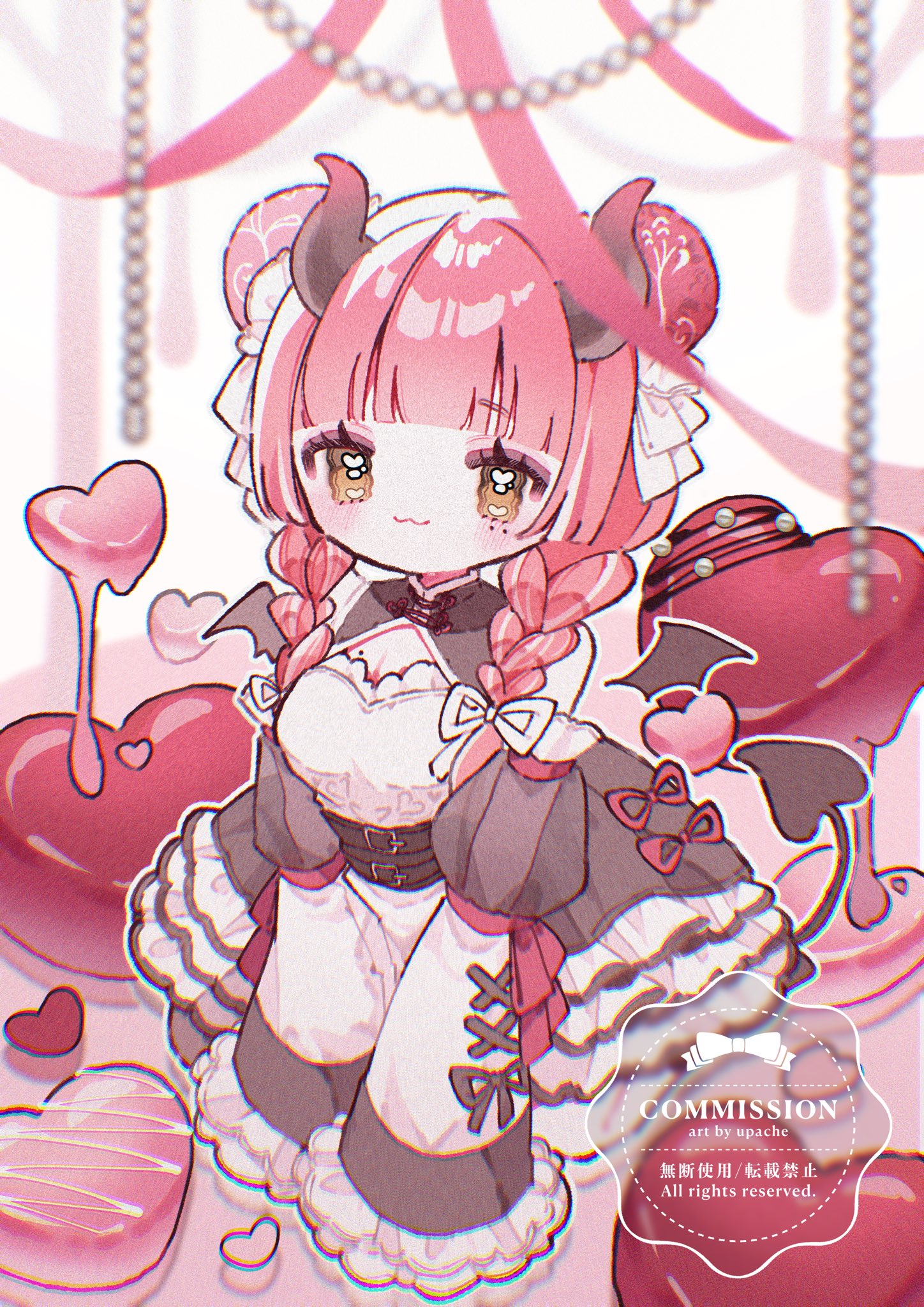 upa papa co, original, commentary, commission, highres, symbol-only commentary, 1girl, :3, black dress, black sleeves, blunt bangs, blush, braid, breasts, brown eyes, bun cover, cleavage, cleavage cutout, closed mouth, clothing cutout, detached sleeves, double bun, dress, frilled dress, frilled sleeves, frills, hair bun, heart, horns, long hair, long sleeves, looking at viewer, mole, mole on breast, pink hair, sleeveless, sleeveless dress, smile, solo, twin braids