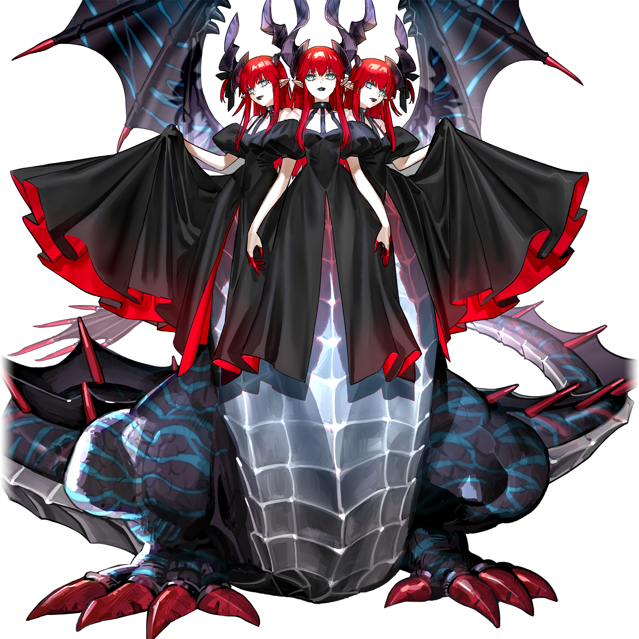 wada arco, elizabeth bathory (fate), fate/grand order, fate (series), game cg, highres, official art, 3girls, asymmetrical horns, black dress, black lips, blue eyes, clothing cutout, colored fingertips, dragon girl, dragon horns, dragon tail, dragon wings, dress, eliza arsia, eliza ascreaus, eliza pavonis, full body, hair ribbon, horns, king eliza, long hair, looking at viewer, monster girl, multiple girls, multiple heads, one side up, parted lips, pointy ears, puffy sleeves, red hair, ribbon, skirt hold, smile, tachi-e, tail, transparent background, wings