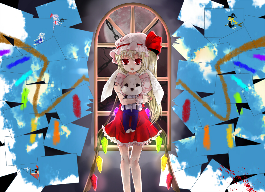 rdchso83, flandre scarlet, hakurei reimu, izayoi sakuya, kirisame marisa, remilia scarlet, embodiment of scarlet devil, touhou, 1girl, alternate wings, blonde hair, blood, child's drawing, female focus, hat, ponytail, red eyes, short hair, side ponytail, solo, stuffed animal, stuffed rabbit, stuffed toy, wings