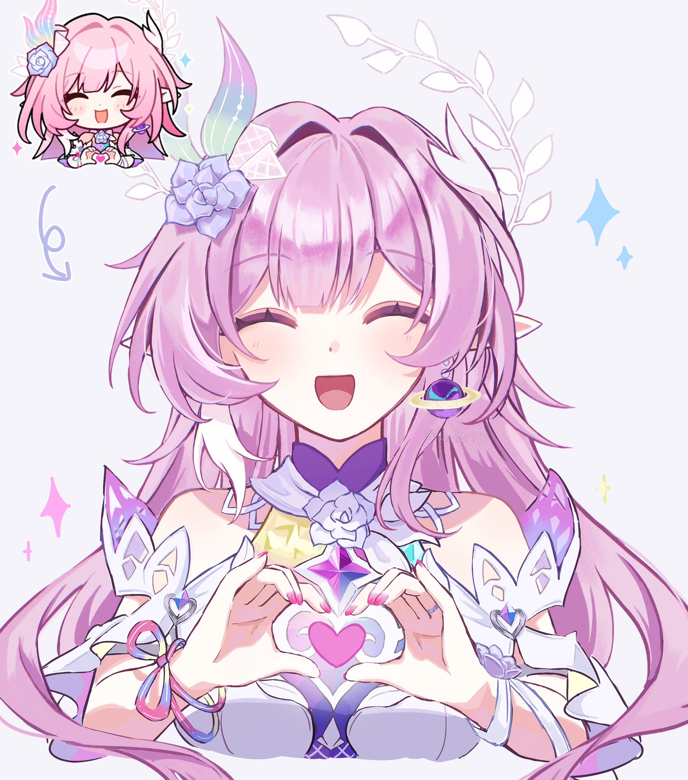 funafu, cyrene (honkai: star rail), cyrene (ripples of past reverie) (honkai: star rail), honkai: star rail, honkai (series), absurdres, highres, 1girl, :d, ^ ^, bare shoulders, chibi, closed eyes, facing viewer, grey background, hair intakes, hair ornament, heart, heart hands, long hair, multiple views, nail polish, open mouth, pink hair, pink nails, pointy ears, simple background, smile, upper body, very long hair