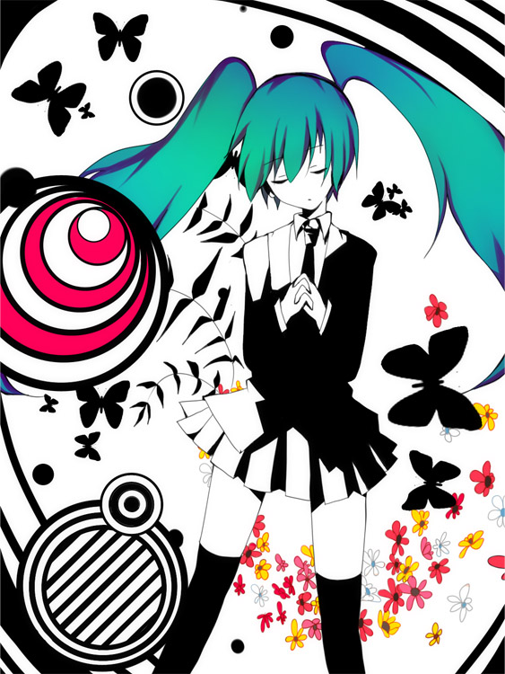 bono-ng, hatsune miku, hatsune miku (saihate), saihate (vocaloid), vocaloid, bad id, bad pixiv id, aqua hair, black thighhighs, blazer, bug, butterfly, closed eyes, flower, insect, jacket, long hair, miniskirt, necktie, pleated skirt, school uniform, skirt, solo, standing, thighhighs, very long hair, zettai ryouiki