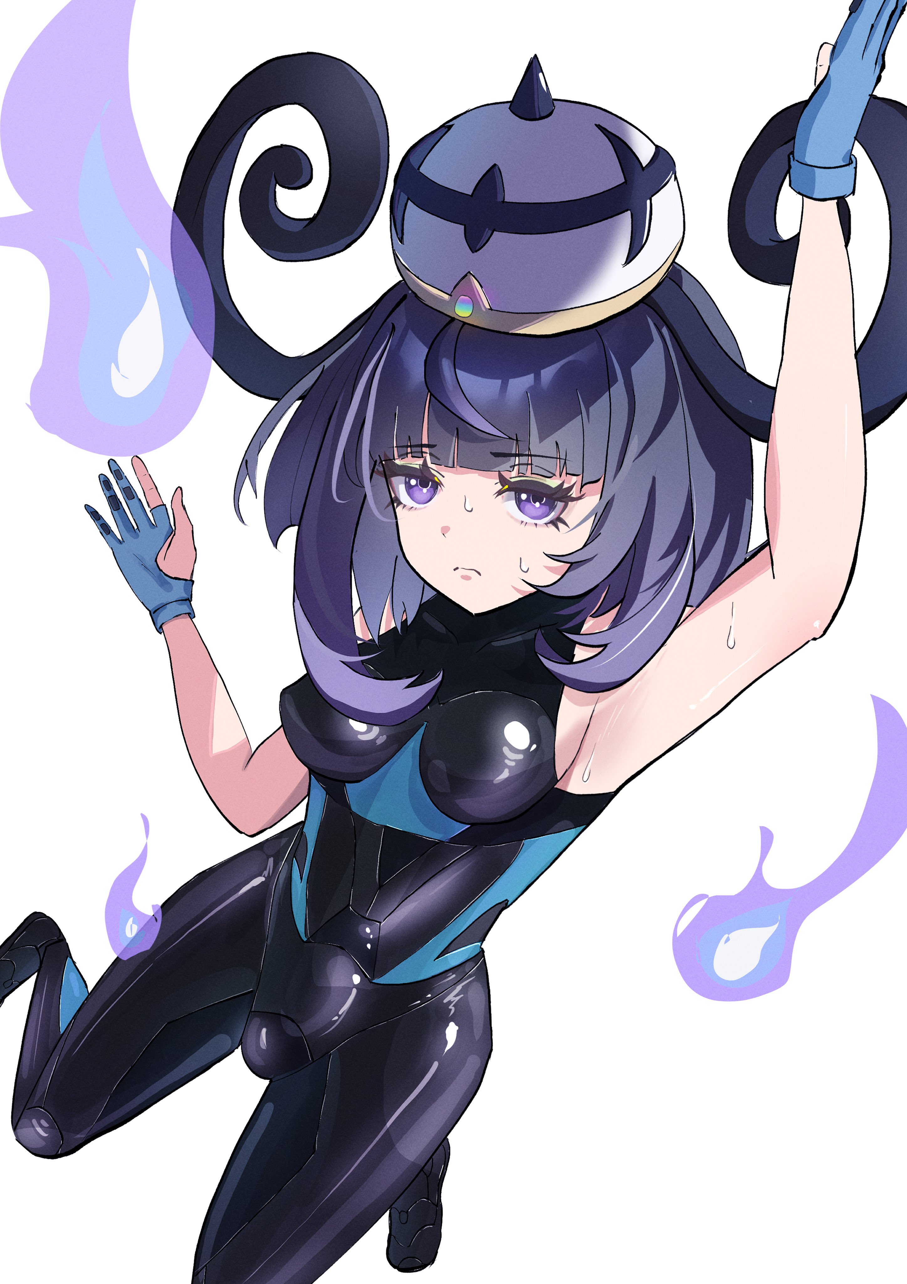 vermin., gwynn (pokemon), nintendo, pokemon, pokemon legends: z-a, absurdres, highres, 1girl, alternate costume, armpits, black hair, blue gloves, blunt bangs, bodysuit, breasts, closed mouth, eyelashes, fire, gloves, gradient hair, hat, looking at viewer, multicolored hair, partially fingerless gloves, purple eyes, purple fire, purple hair, short hair, solo, sweat, white background, white hat
