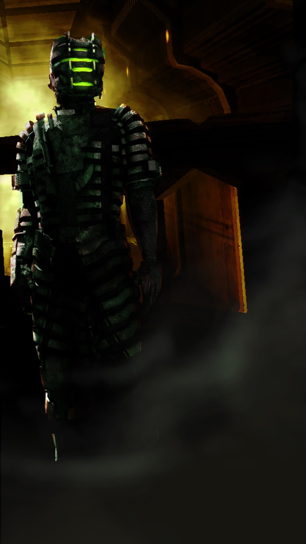 isaac clarke, dead space (series), dead space 1, light, highres, armor, dark, gun, helmet, male focus, power armor, power suit, science fiction, solo, weapon