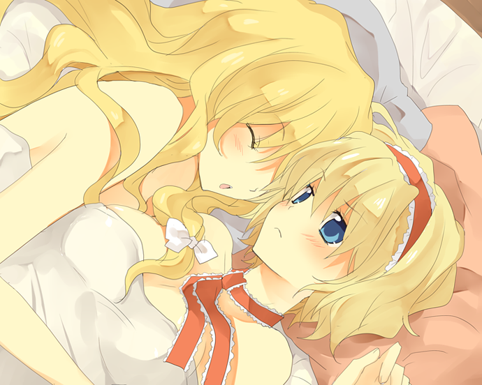kurot, alice margatroid, kirisame marisa, touhou, bad id, bad pixiv id, 2girls, bare shoulders, bed, bed sheet, blanket, blonde hair, blue eyes, blush, closed eyes, female focus, hairband, hug, long hair, lying, multiple girls, naked sheet, nude, pillow, ribbon, short hair, yuri