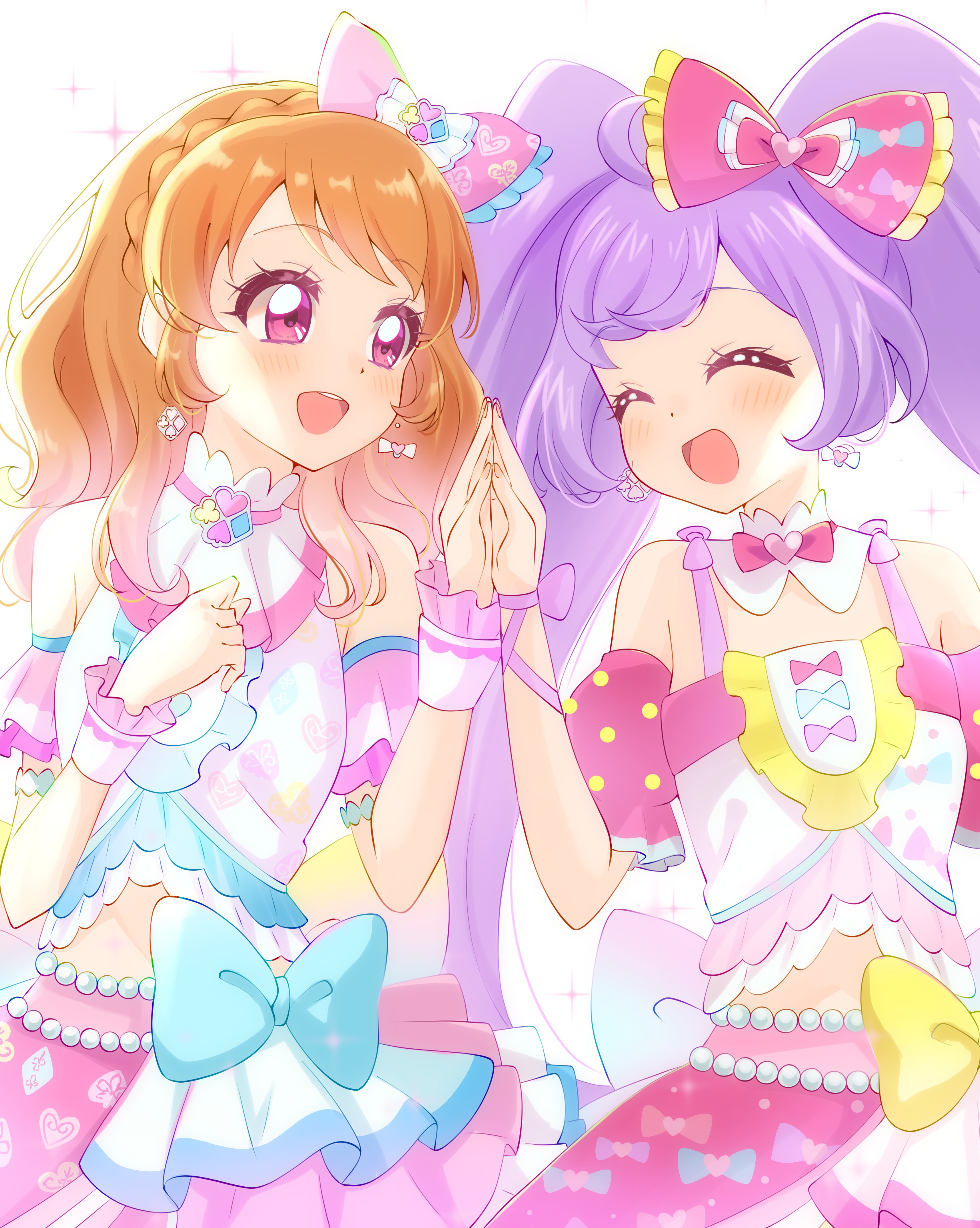 sugimura mickey, manaka laala, ozora akari, aikatsu!, aikatsu! (series), pretty series, pripara, absurdres, commentary request, highres, 2girls, :d, ^ ^, ahoge, aikatsu! x pripara the movie -deai no kiseki!-, blue bow, bow, closed eyes, hair bow, hand on another's hand, hands up, layered skirt, long hair, looking at another, midriff, multiple girls, open mouth, orange hair, palms together, pink bow, pink eyes, pink shirt, purple hair, shirt, skirt, sleeveless, sleeveless shirt, smile, standing, twintails, white background, white shirt, wrist cuffs, yellow bow