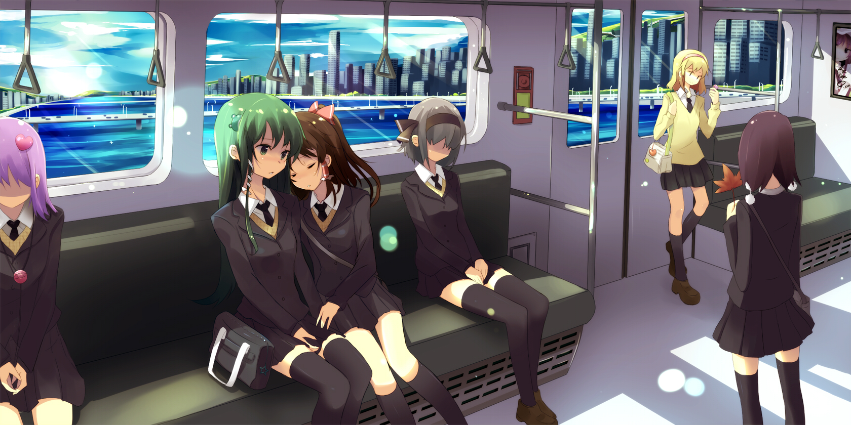renee, alice margatroid, hakurei reimu, kochiya sanae, komeiji satori, konpaku youmu, shameimaru aya, touhou, highres, long image, wide image, 6+girls, alternate costume, bag, black thighhighs, blazer, blonde hair, brown hair, building, city, closed eyes, contemporary, female focus, green eyes, green hair, grey hair, hair ornament, hair ribbon, hairband, jacket, lens flare, loafers, long hair, miniskirt, multiple girls, necktie, pink hair, pleated skirt, ribbon, school uniform, shoes, short hair, sitting, skirt, skyscraper, sleeping, sleeping upright, socks, standing, sweater, thighhighs, train, train interior, zettai ryouiki