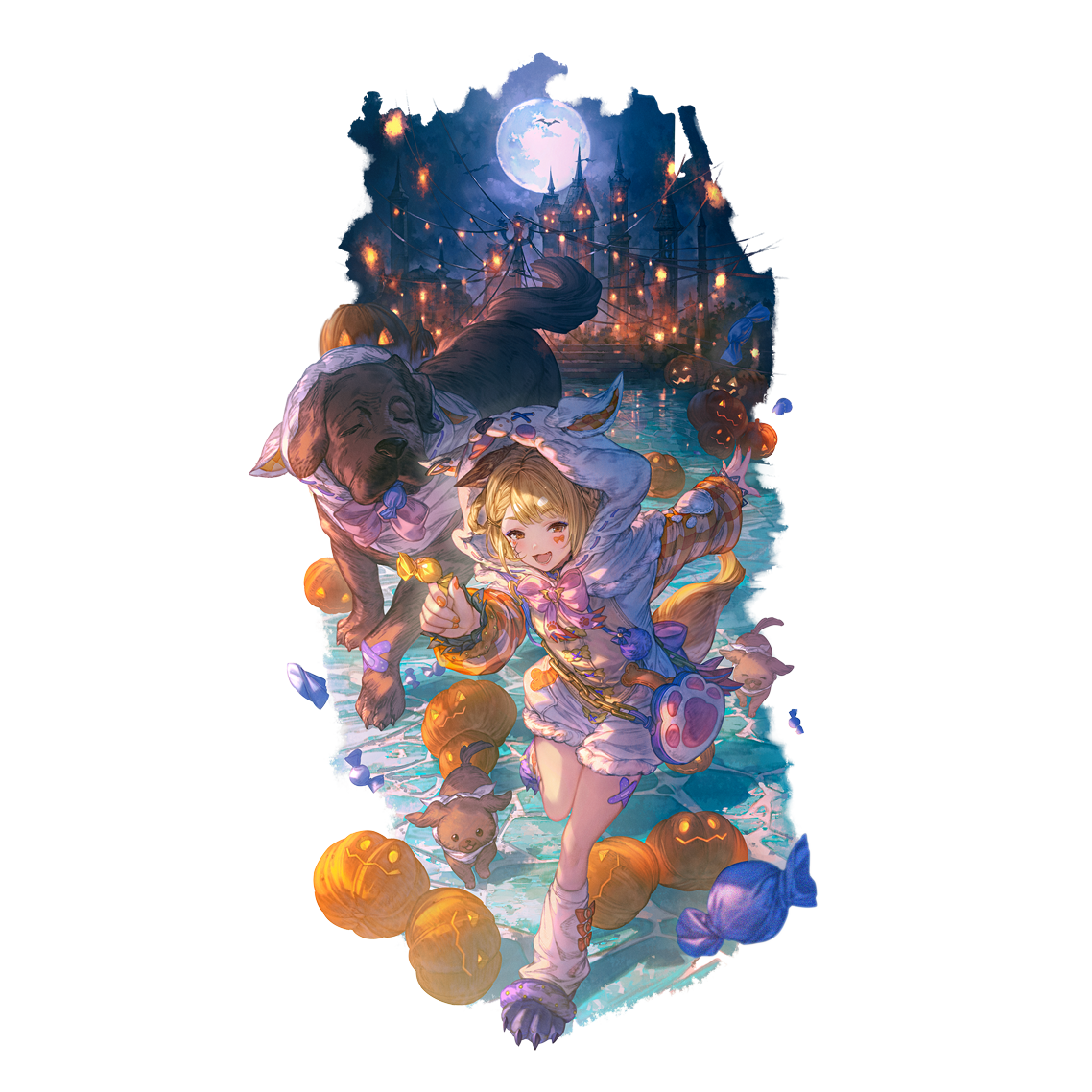 minaba hideo, vajra (granblue fantasy), granblue fantasy, official art, 1girl, 3others, :d, animal bag, animal ears, animal hood, blonde hair, breasts, brown eyes, candy, capelet, castle, cat bag, dog, dog ears, dog girl, erune, food, full moon, fur-trimmed capelet, fur trim, halloween, halloween costume, happy, holding, holding candy, holding food, hood, hood up, jack-o'-lantern, lantern, leg warmers, looking at viewer, moon, multiple others, night, night sky, official alternate costume, onesie, open mouth, paw print, paw shoes, pink ribbon, plaid clothes, plaid sleeves, puffy shorts, pumpkin, ribbon, short hair, shorts, sky, small breasts, smile, solo focus, star (sky), starry sky, thighs, transparent background, water, white hood, white shorts
