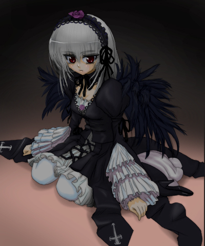 ishikkoro, suigintou, rozen maiden, silver hair, lowres, 00s, 1girl, dress, female focus, flower, frills, hairband, long hair, looking at viewer, red eyes, solo, wings