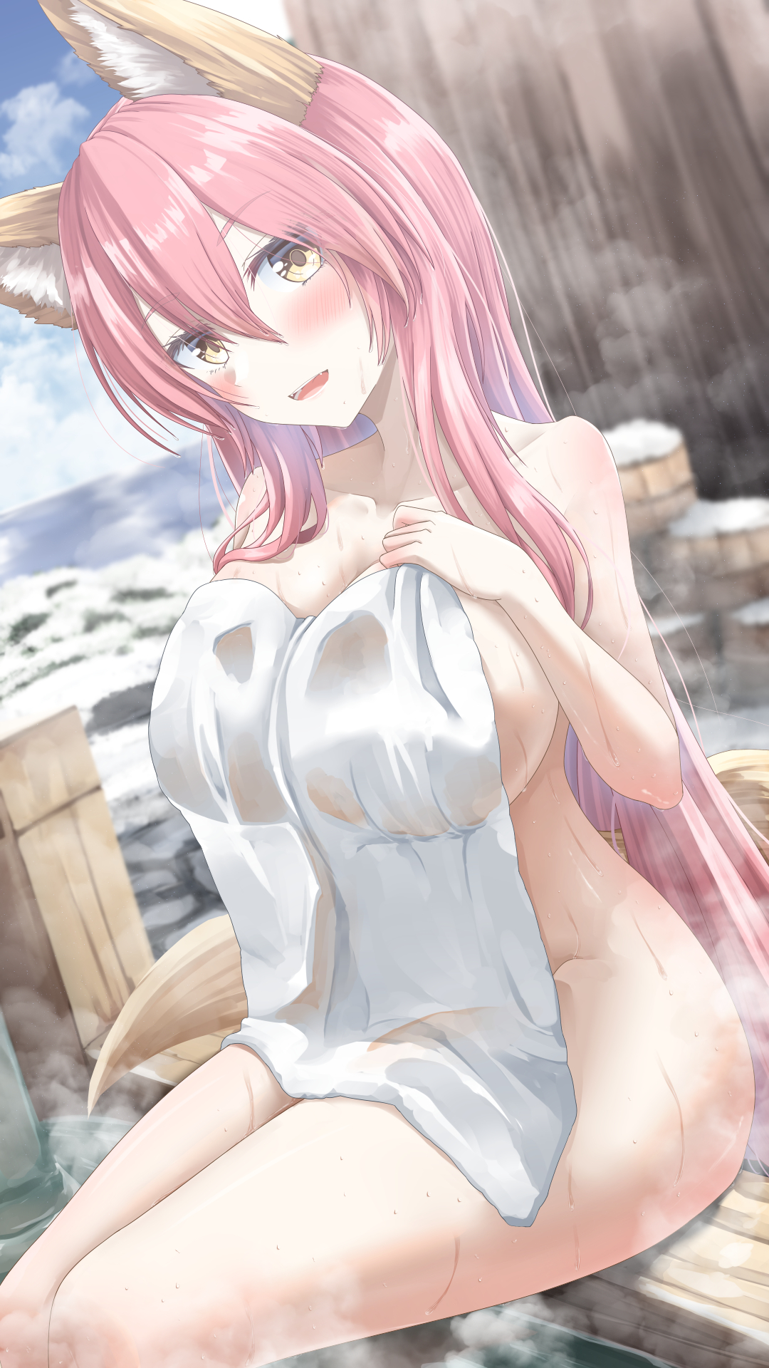 totororo, tamamo no mae (fate), fate/grand order, fate (series), tamamo (fate), highres, 1girl, animal ear fluff, animal ears, bare shoulders, bathing, blush, breasts, cleavage, fox ears, fox girl, fox tail, hair between eyes, large breasts, long hair, looking at viewer, naked towel, onsen, open mouth, pink hair, sidelocks, smile, solo, tail, thighs, towel, wet, yellow eyes