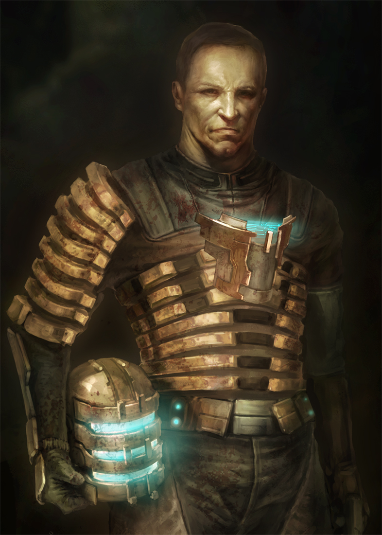 isaac clarke, dead space (series), dead space 1, 1boy, armor, brown hair, gradient background, gun, helmet, holding, holding unworn helmet, male focus, power armor, power suit, realistic, science fiction, short hair, solo, unworn headwear, unworn helmet, weapon