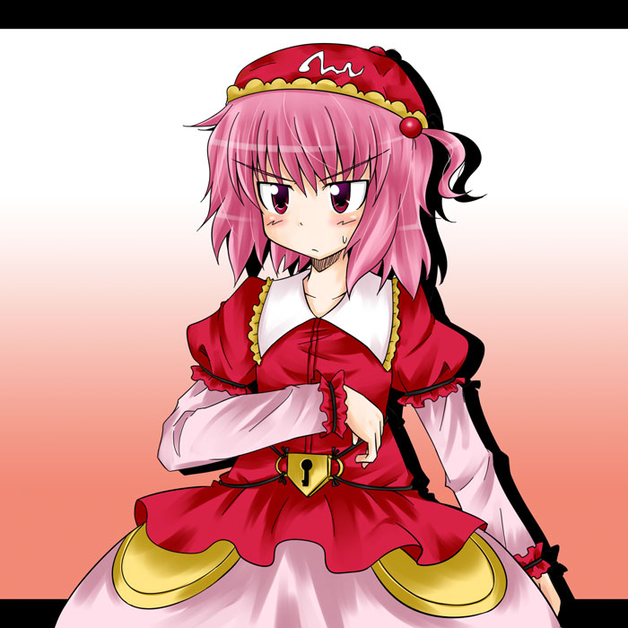 naegi (naegidokoro), kawashiro mitori, original, touhou, 1girl, dress, female focus, gradient background, hair bobbles, hair ornament, hat, layered sleeves, letterboxed, lock, pink hair, red eyes, side ponytail, solo, sweatdrop, white background
