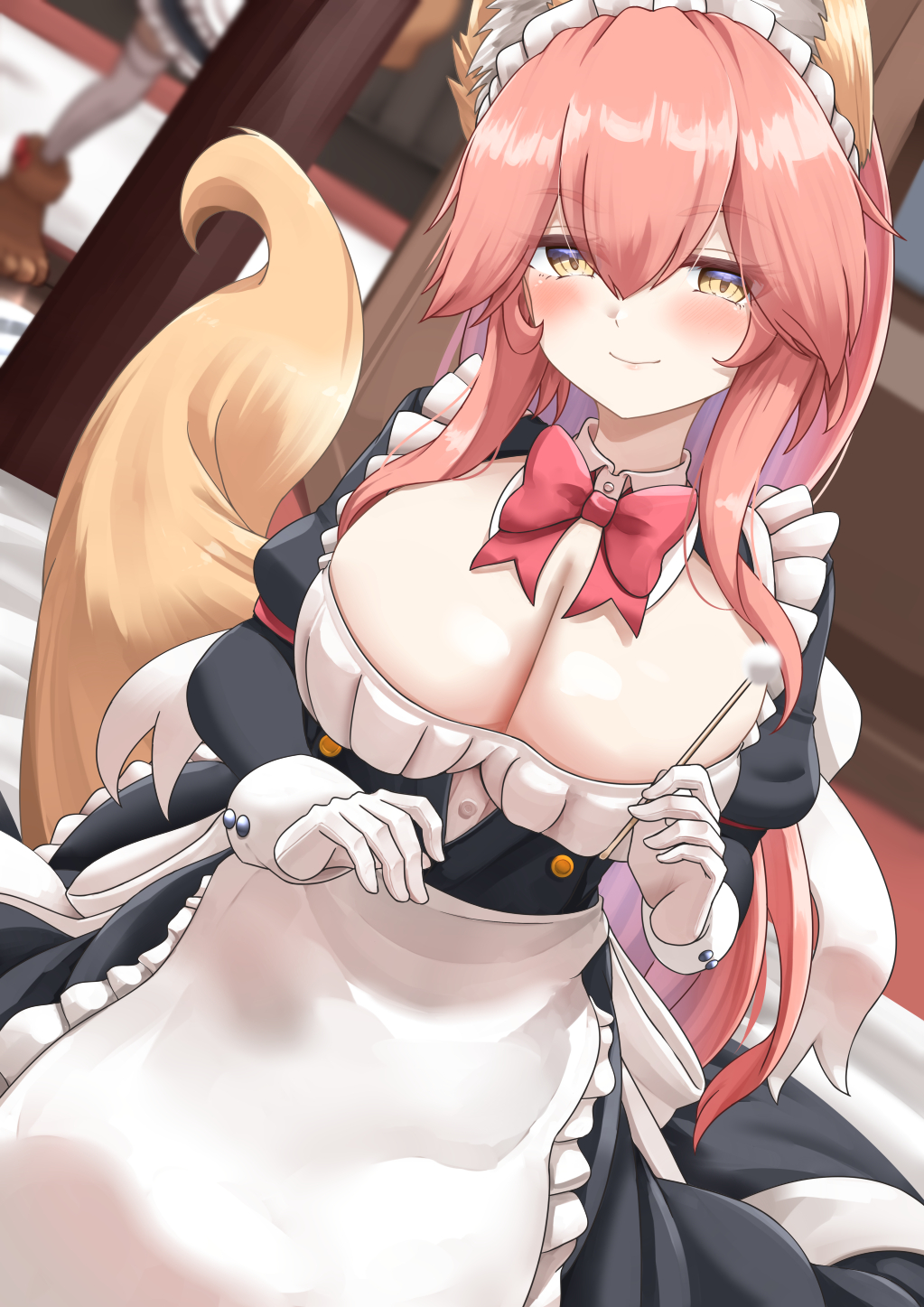 totororo, tamamo cat (fate), tamamo cat (second ascension) (fate), tamamo no mae (fate), fate/grand order, fate (series), tamamo (fate), highres, 2girls, animal ear fluff, animal ears, apron, black dress, blush, breasts, cleavage, dress, fox ears, fox girl, fox tail, gloves, hair between eyes, large breasts, long hair, long sleeves, looking at viewer, maid, maid headdress, multiple girls, pink hair, sidelocks, smile, solo, solo focus, tail, waist apron, white apron, white gloves, wrist cuffs, yellow eyes