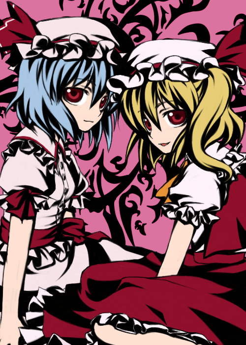 riku (tigercharge), flandre scarlet, remilia scarlet, touhou, bad id, bad pixiv id, 2girls, blonde hair, blue hair, female focus, hat, multiple girls, ponytail, red eyes, short hair, siblings, side ponytail, sisters