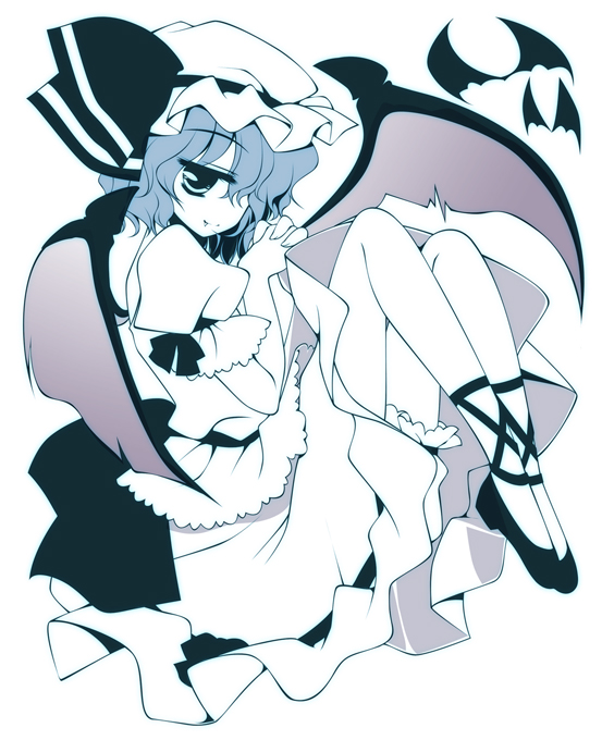 mitsuki (artist), motomiya mitsuki, remilia scarlet, touhou, 1girl, bat wings, blue theme, female focus, hat, monochrome, short hair, solo, wings