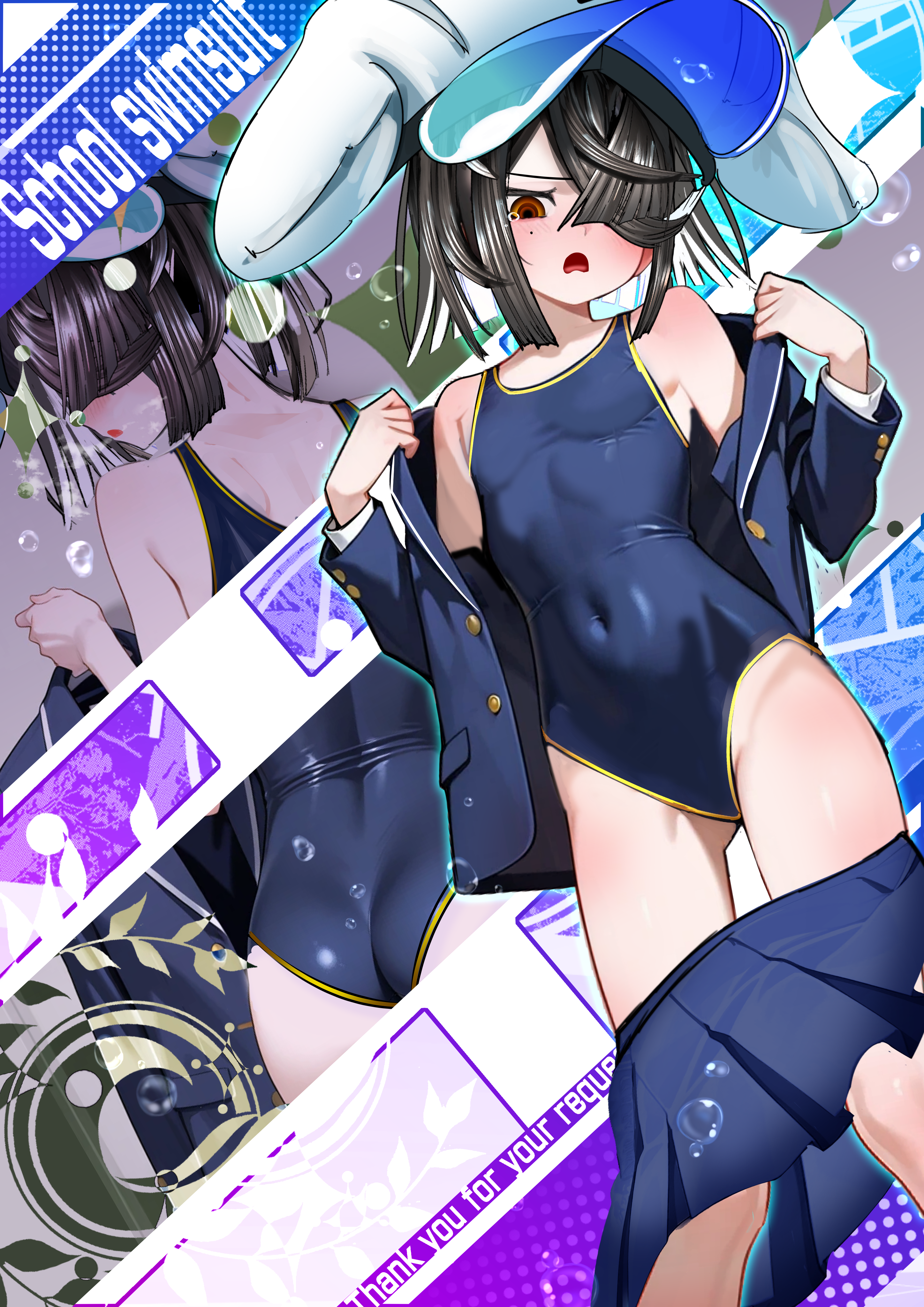 kitsunebi44410, xu fu (fate), xu fu (swimsuit avenger) (third ascension) (fate), fate/grand order, fate (series), absurdres, commission, highres, pixiv commission, 1girl, alternate costume, ass, bare shoulders, black hair, blue jacket, blue one-piece swimsuit, blue skirt, blush, breasts, brown eyes, competition school swimsuit, covered navel, hair over one eye, hat, jacket, long sleeves, looking at viewer, miniskirt, mole, mole under eye, multiple views, off shoulder, one-piece swimsuit, school swimsuit, short hair, skirt, small breasts, swimsuit, swimsuit under clothes, thighs, white hat, yin yang, yin yang print