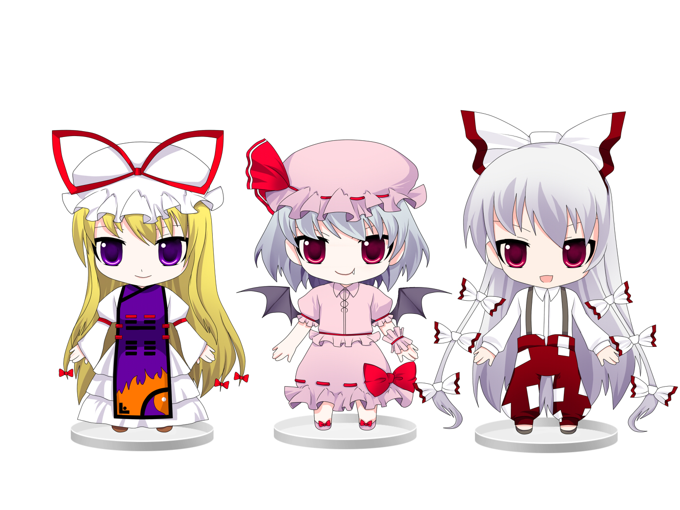 rdchso83, fujiwara no mokou, remilia scarlet, yakumo yukari, touhou, silver hair, bad id, bad pixiv id, 3girls, bat wings, blonde hair, blue hair, bow, chibi, dress, female focus, full body, hair bow, hair ribbon, hat, long hair, multiple girls, multiple hair bows, purple eyes, red eyes, ribbon, short hair, simple background, white background, wings