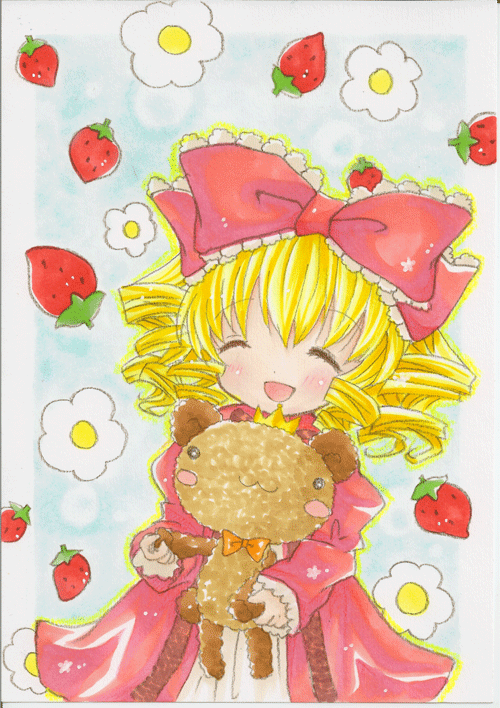 emo (artist), emo (mikan), hinaichigo, rozen maiden, bad id, bad pixiv id, 00s, 1girl, :d, ^ ^, blonde hair, blush, bow, closed eyes, doll, dress, drill hair, female focus, long sleeves, open mouth, pink bow, red dress, simple background, smile, solo, twin drills, twintails, white background