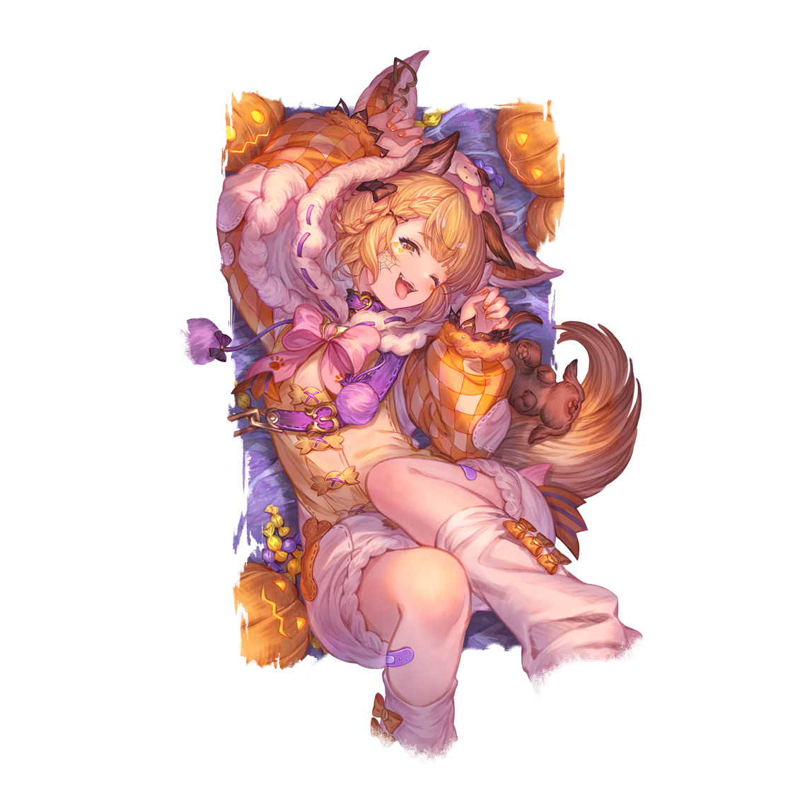 minaba hideo, vajra (granblue fantasy), granblue fantasy, official art, 1girl, :d, animal ear fluff, animal ears, animal hood, bandaid, bandaid on leg, blonde hair, braid, breasts, brown eyes, choker, crown braid, dog ears, dog tail, erune, facepaint, fur-trimmed hood, fur trim, halloween, halloween costume, hood, hood up, knees up, leg warmers, looking at viewer, lying, nail polish, official alternate costume, on back, one eye closed, onesie, open mouth, orange nails, paw pose, pink ribbon, plaid clothes, plaid sleeves, puffy shorts, puffy sleeves, ribbon, short hair, shorts, small breasts, smile, solo, tail, tongue, tongue out, transparent background, white leg warmers, wide sleeves
