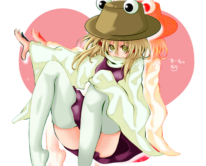 gynoid (pixiv), hoozuki shia, moriya suwako, touhou, bad id, bad pixiv id, 1girl, blonde hair, female focus, hat, short hair, solo, thighhighs, yellow eyes
