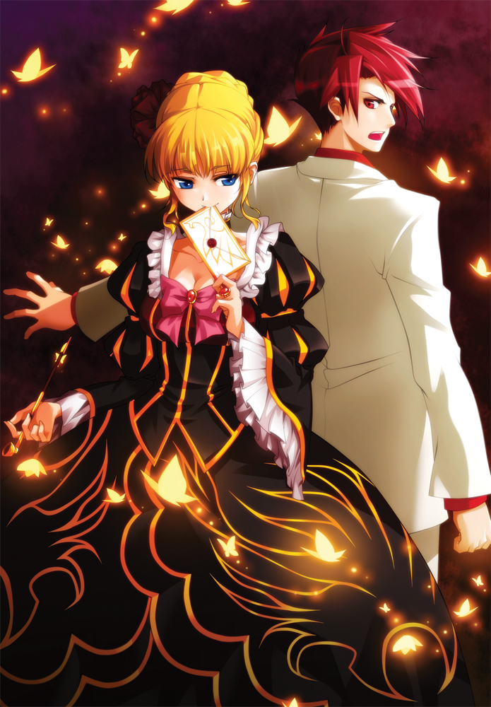 hong (white spider), beatrice (umineko), ushiromiya battler, umineko no naku koro ni, bad id, bad pixiv id, 00s, 1boy, 1girl, blonde hair, blue eyes, bug, butterfly, dress, envelope, insect, jewelry, kiseru, letter, mouth hold, ring, smoking pipe