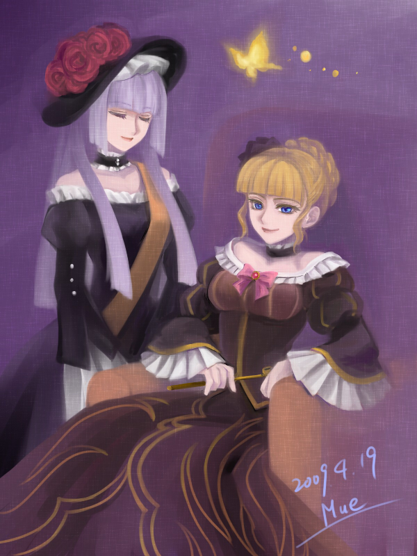 mu-e-key, beatrice (umineko), virgilia (umineko), umineko no naku koro ni, silver hair, bad id, bad pixiv id, 00s, 2girls, blonde hair, bow, bug, butterfly, hat, hime cut, insect, mue, multiple girls, pink bow, sitting