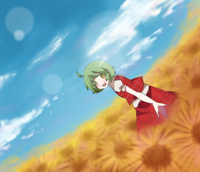 fujisaki miyabi, kazami yuuka, touhou, bad id, bad pixiv id, 1girl, beckoning, day, dutch angle, female focus, field, fisheye, flower, flower field, green eyes, green hair, happy, lens flare, matching hair/eyes, open mouth, plaid clothes, plaid skirt, plaid vest, short hair, skirt, skirt set, sky, smile, solo, sunflower, sunflower field, vest, yellow eyes