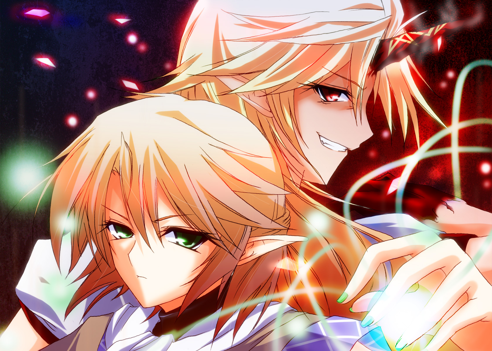 hazuki kasane, takamoto akisa, hoshiguma yuugi, mizuhashi parsee, touhou, highres, 2girls, blonde hair, female focus, green eyes, green nails, horns, long hair, multiple girls, nail polish, pointy ears, portrait, red eyes, single horn