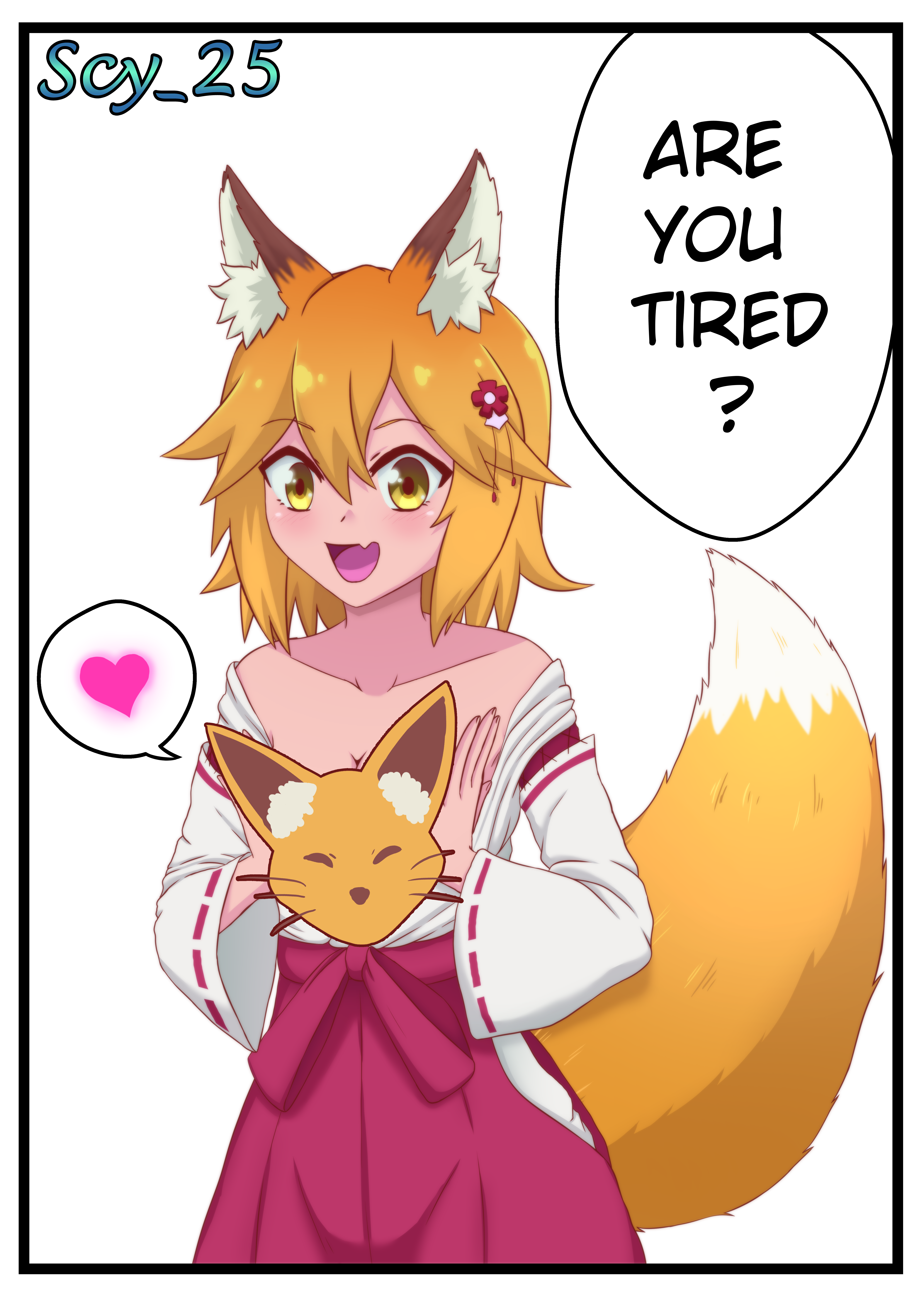 scy 25, senko (sewayaki kitsune no senko-san), sewayaki kitsune no senko-san, absurdres, highres, 1girl, 2025, animal ear fluff, animal ears, blonde hair, blush, english text, fang, flower, fox ears, fox girl, fox tail, hair between eyes, hair flower, hair ornament, heart, japanese clothes, looking at viewer, open clothes, open mouth, short hair, smile, solo, speech bubble, spoken heart, tail, watermark, yellow eyes