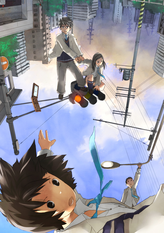 yanomasashi, original, photo-referenced, 2boys, 2girls, brown hair, cellphone, day, glasses, multiple boys, multiple girls, necktie, phone, reverse gravity, school uniform, sky, surreal, traffic light, upside-down