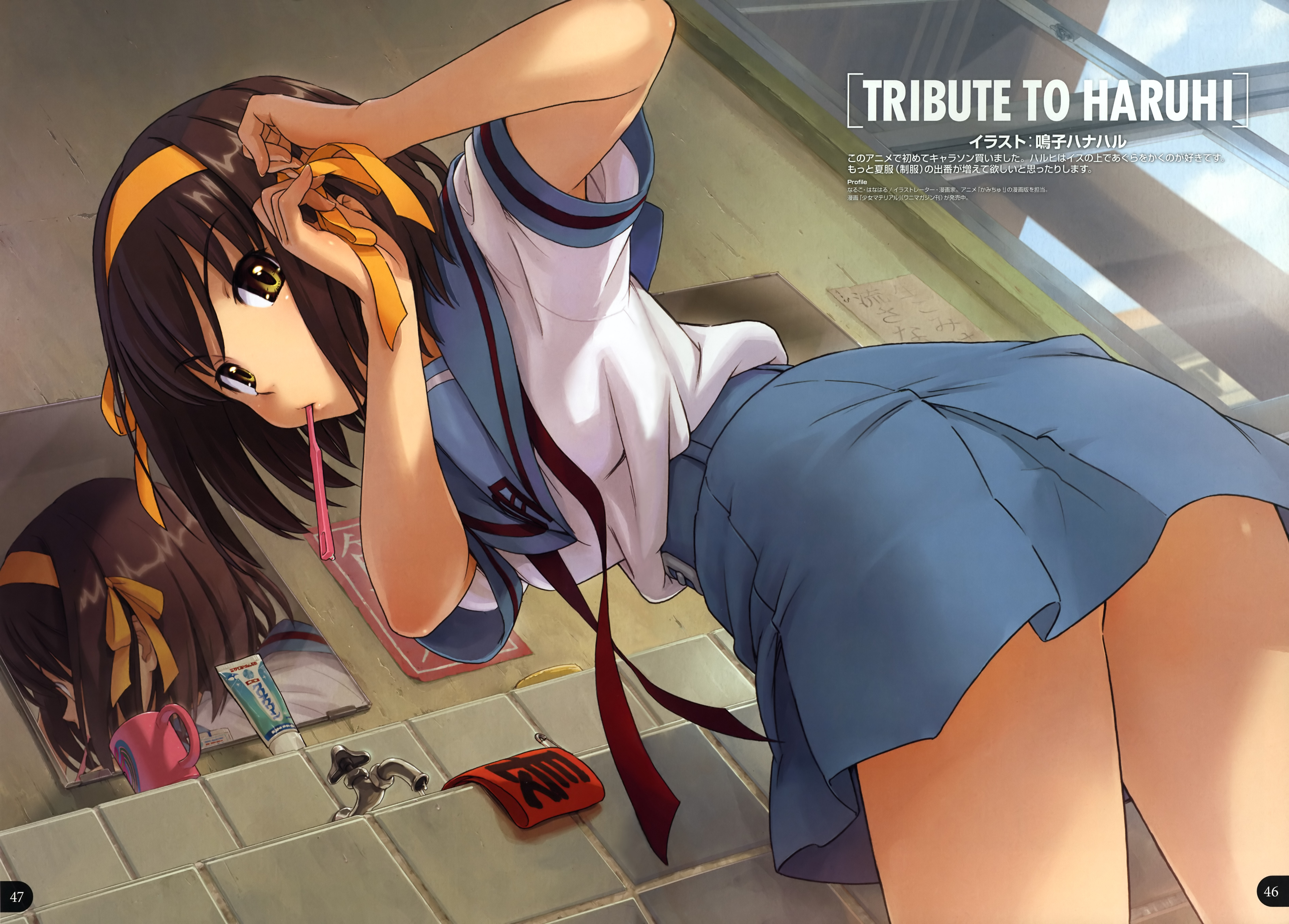 naruko hanaharu, suzumiya haruhi, suzumiya haruhi no yuuutsu, absurdres, highres, scan, 00s, 1girl, armband, bathroom, brown hair, cup, dutch angle, faucet, female focus, from below, hairband, hairdressing, looking back, mirror, mouth hold, mug, public restroom, reflection, school uniform, serafuku, short hair, sink, solo, toothbrush, toothpaste, yellow eyes
