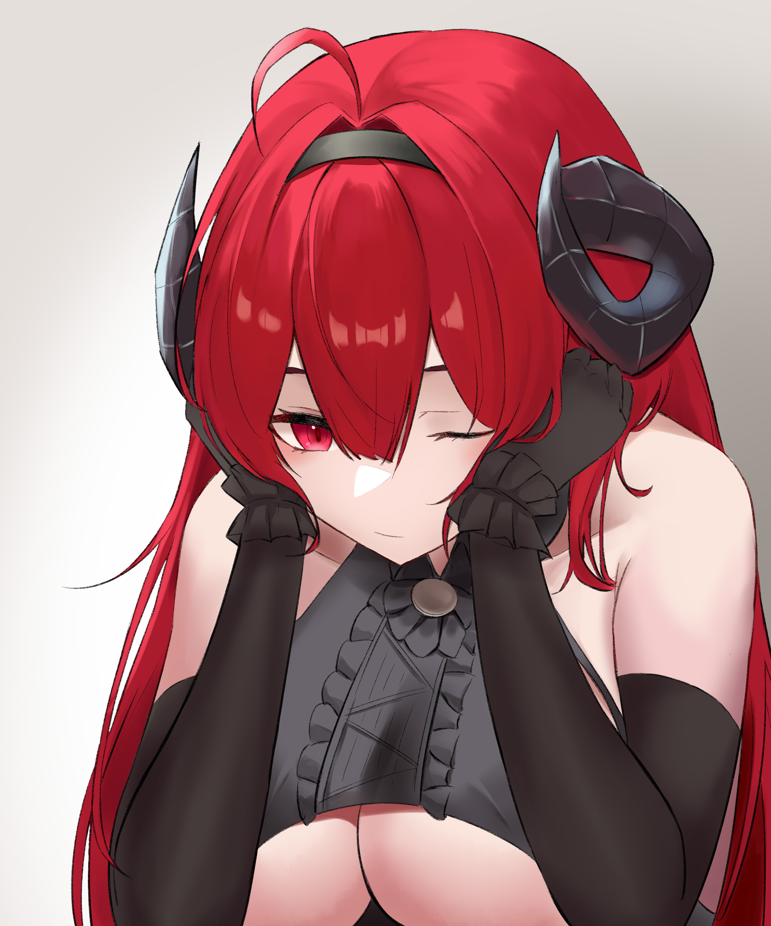 obniermarbiss, hindenburg (azur lane), azur lane, absurdres, commentary, english commentary, highres, 1girl, ahoge, bare shoulders, black gloves, black horns, breasts, center frills, clothing cutout, curled horns, elbow gloves, frills, gloves, hair intakes, horns, huge breasts, long hair, one eye closed, red hair, simple background, slit pupils, solo, underboob, underboob cutout, upper body, white background