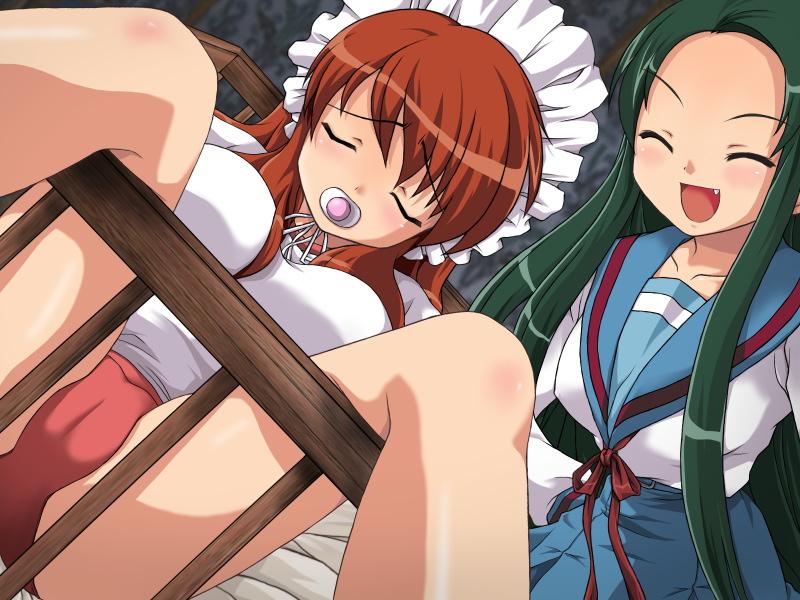 yamagarasu, asahina mikuru, tsuruya, suzumiya haruhi no yuuutsu, 00s, 2girls, adult baby, baby, bed, buruma, cameltoe, gym uniform, long hair, multiple girls, pacifier, very long hair