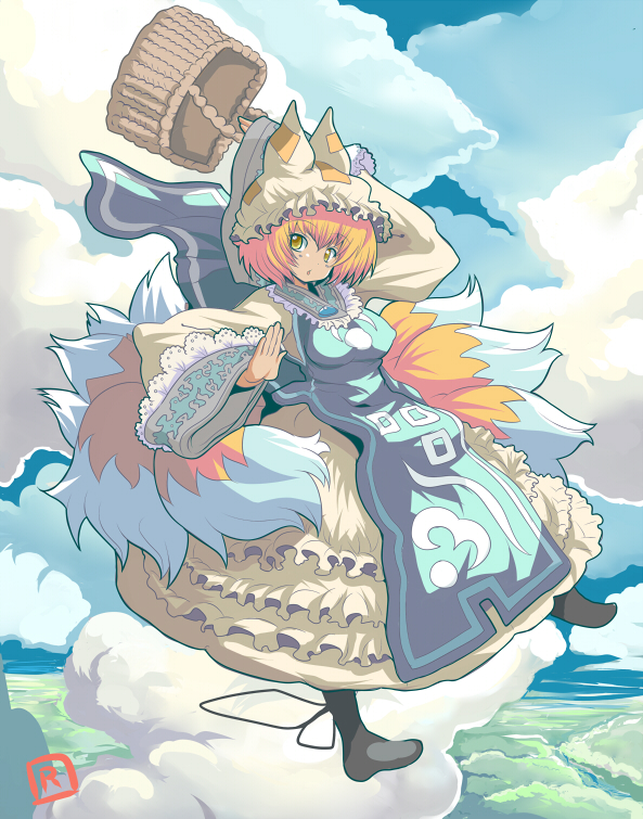 ryuno, yakumo ran, touhou, 1girl, basket, blonde hair, cloud, day, female focus, fox tail, frills, gathers, hat, lace, sky, solo, tail, yellow eyes