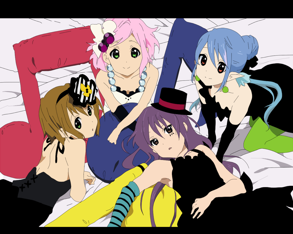 yuuririju, akiyama mio, estellise sidos heurassein, hirasawa yui, judith (tales), kotobuki tsumugi, rita mordio, tainaka ritsu, yuri lowell, don't say "lazy", k-on!, tales of (series), tales of vesperia, bad id, bad pixiv id, third-party edit, 4girls, akiyama mio (cosplay), cosplay, earrings, genderswap, genderswap (mtf), hat, hirasawa yui (cosplay), jewelry, kotobuki tsumugi (cosplay), mini hat, mini top hat, multiple girls, musical note, pantyhose, parody, pointy ears, tainaka ritsu (cosplay), top hat, trap