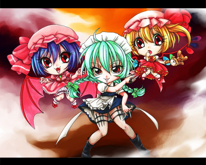 hirosue makina, flandre scarlet, izayoi sakuya, remilia scarlet, embodiment of scarlet devil, touhou, bad id, bad pixiv id, 3girls, bat wings, blonde hair, blue hair, braid, chibi, female focus, gradient background, green hair, hairband, hat, knife, letterboxed, maid, multiple girls, red eyes, short hair, skirt, stuffed animal, stuffed toy, twin braids, wings